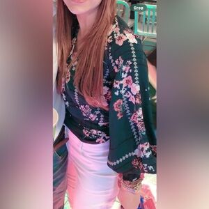 Avenue Floral V-Neck Blouse - Green and Pink